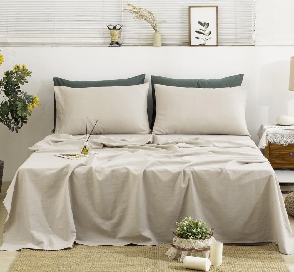 TUMEI Linen Sheets Queen Size-100% Linen Bed Sheets Set Queen Size, 4Pcs Washed French Flax Linen Sheets Set with Durable Deep P