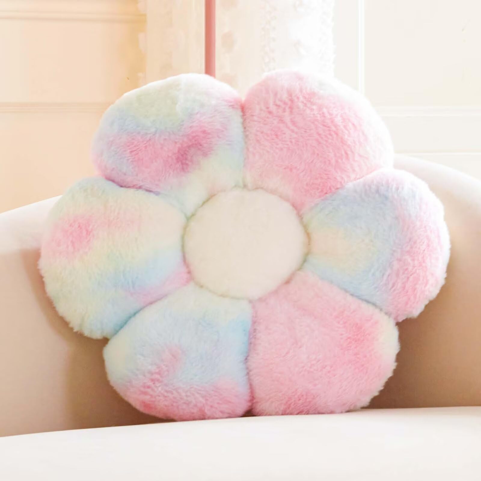 Kcvvcr Rainbow Pink Flower Pillow, Cute Decorative Flower Shaped Throw Pillow With Faux Rabbit Fur, 19.6'' Soft Flower Plush Thr