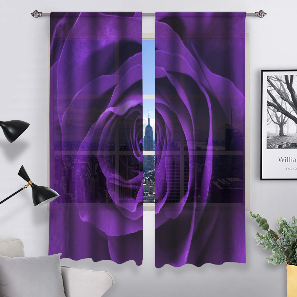 QH Purple Rose Blooming Window Sheer Curtains for Living Room Bedroom Kids Room 55 W x 78 L (Set of 2 Panels)