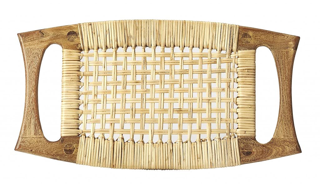 HomeRoots Mango Wood Solids, Woven Cane Natural Wood Finish Cane Stool