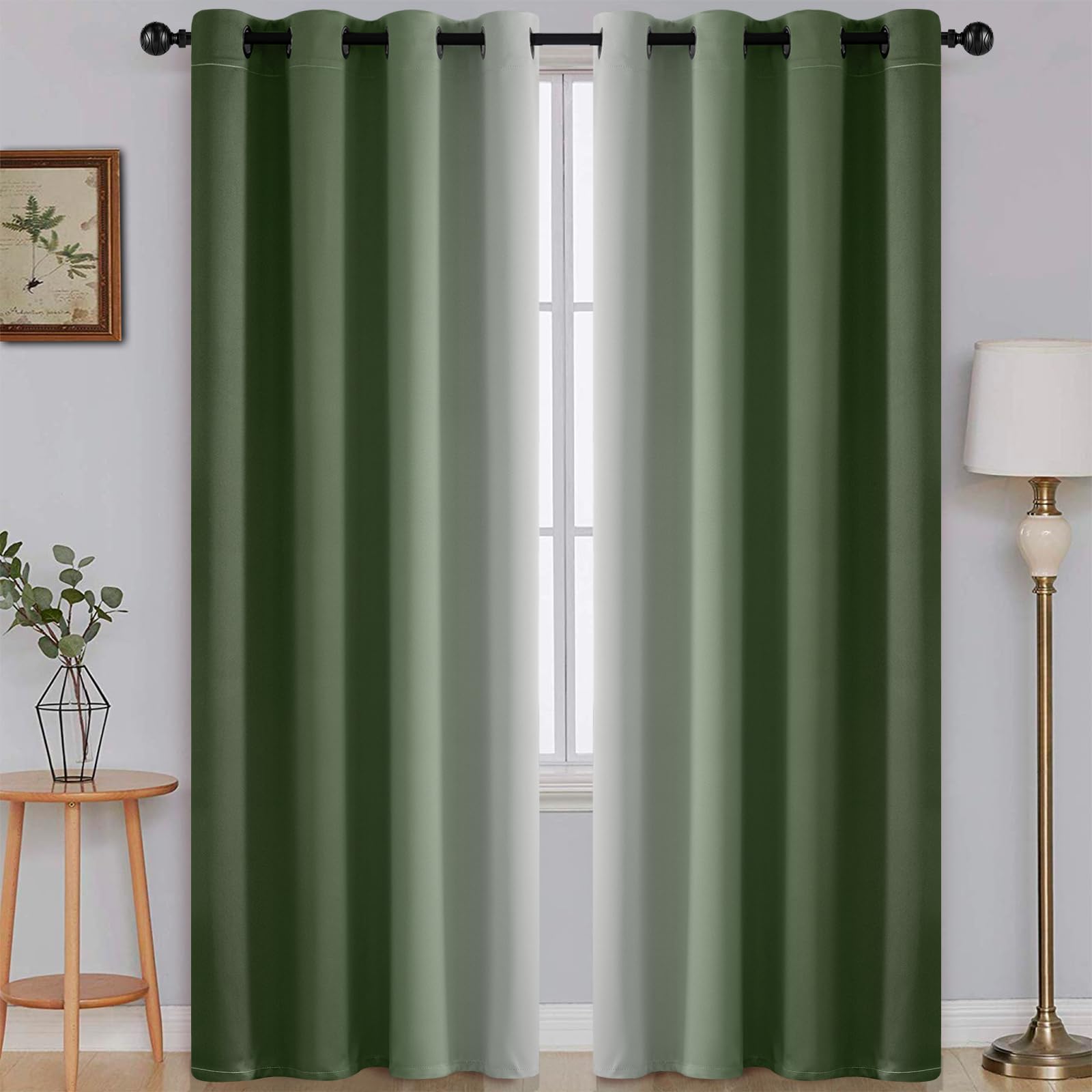 Simplehome Ombre Room Darkening Curtains For Bedroom, Gradient Sage Green To Grey White Light Blocking Thermal Insulated Grommet