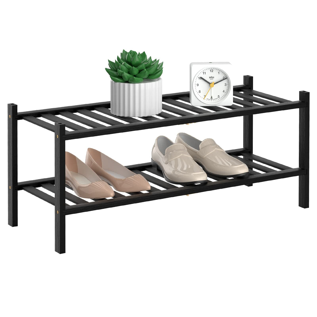 RONGJIA 2-Tier Natural Bamboo Shoe Rack - Stackable Storage Shelf with Multi-Function Combinations - Free Standing Shoe Racks fo