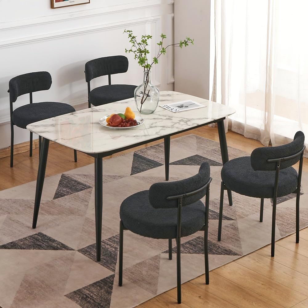 Edwell Black Boucle Dining Chairs Set Of 4, Mid Century Modern Dining Room Chairs With 3.94 Cushions, Round Upholstered Kitchen