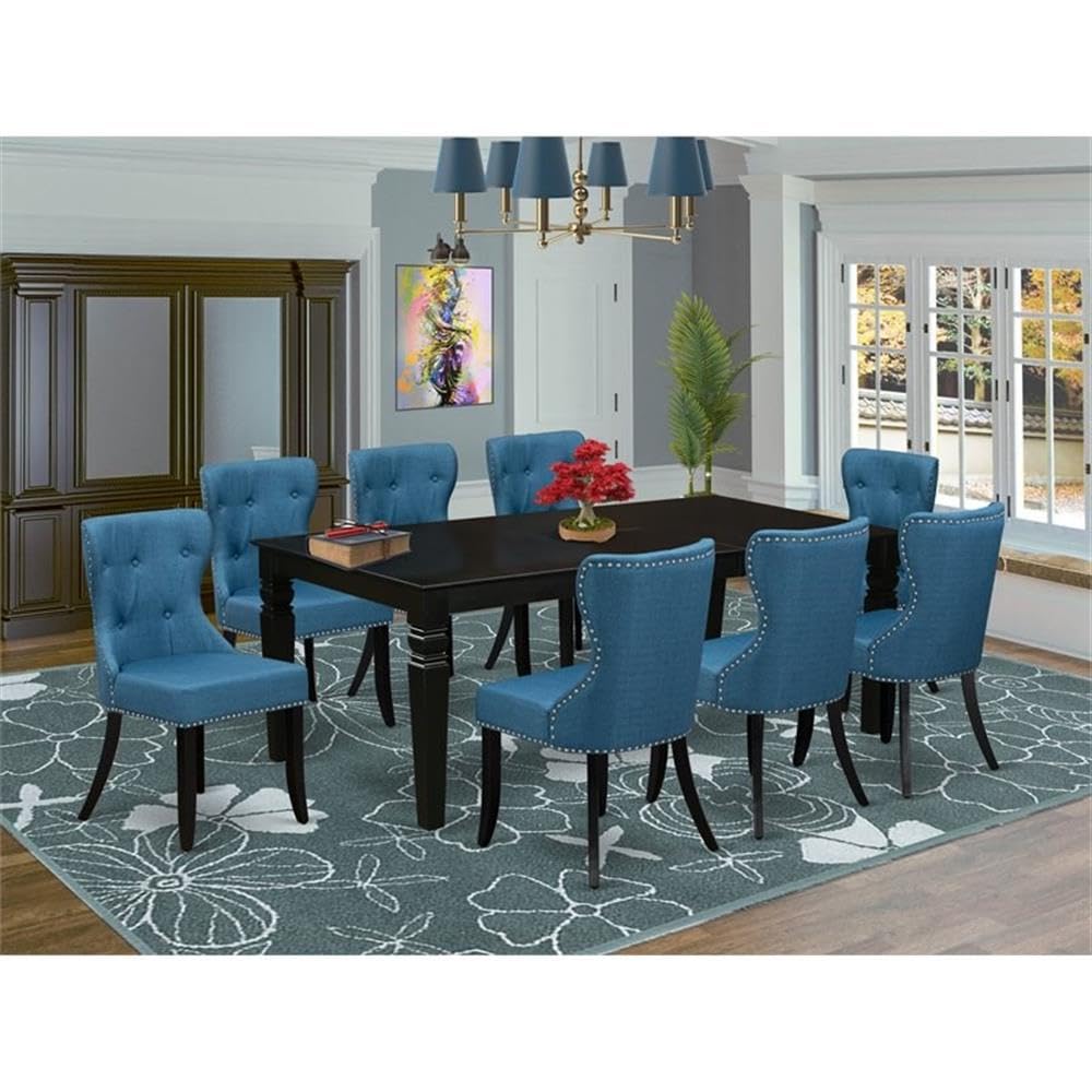 East West Furniture Lgsi9-Blk-21 9 Piece Dining Table Set Includes A Rectangle Dining Room Table With Butterfly Leaf And 8 Blue Linen Fabric Upholstered Chairs, 42X84 Inch, Black