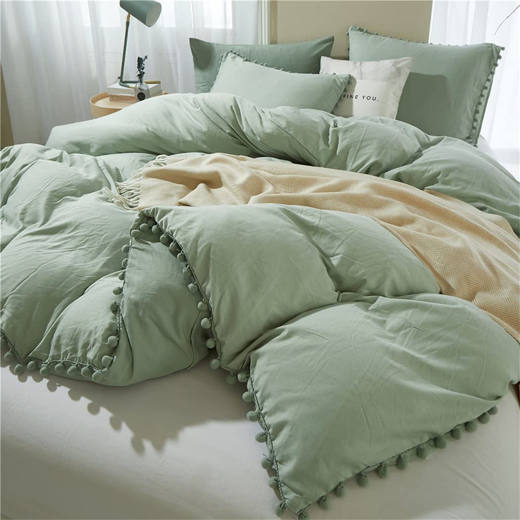 Ihoustriy 3 Pieces Duvet Cover Set Bedding Ball Fringe Pattern Design Soft Dark Sage Green Bedding Sets 1 Duvet Cover 2 Ball Fri