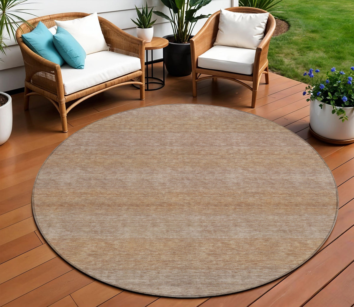 8 Beige And Brown Round Striped Washable Indoor Outdoor Area Rug