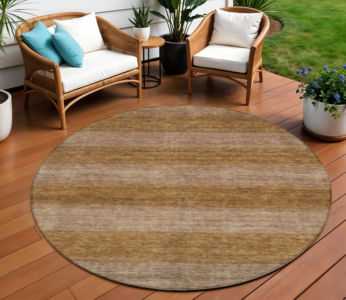 8 Brown And Khaki Round Striped Washable Indoor Outdoor Area Rug