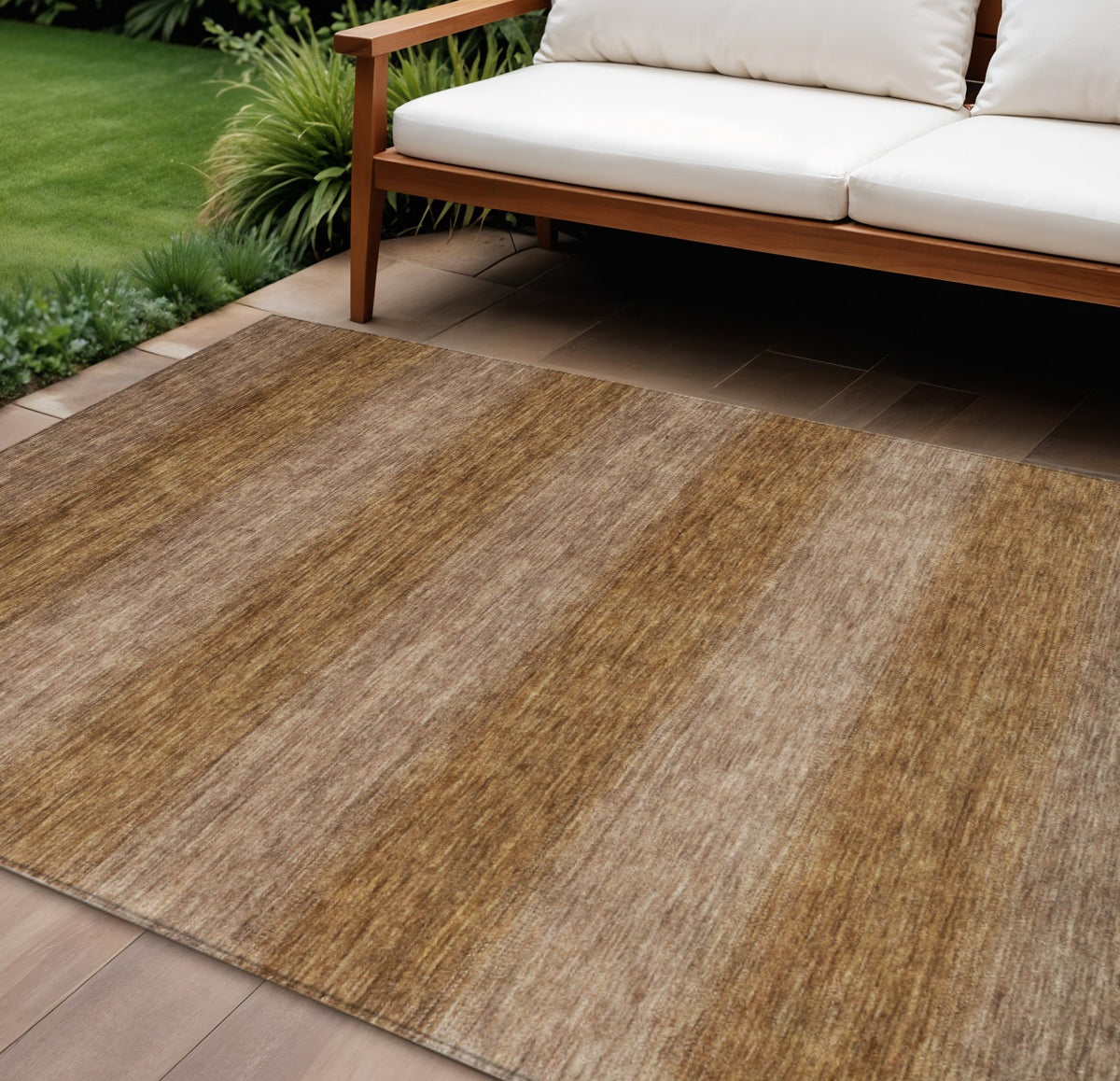 9 X 12 Brown And Khaki Striped Washable Indoor Outdoor Area Rug