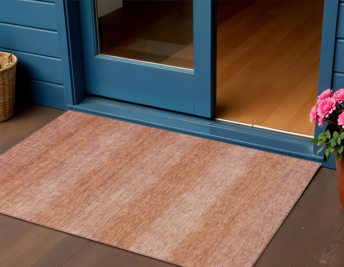 3 X 5 Terra Cotta And Peach Striped Washable Indoor Outdoor Area Rug