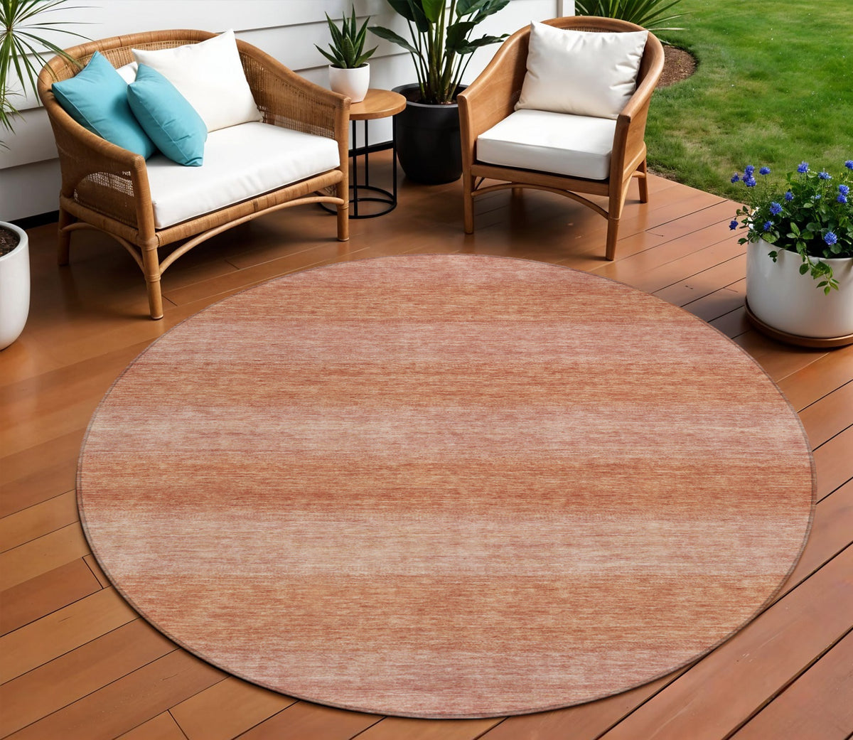 8 Terra Cotta And Peach Round Striped Washable Indoor Outdoor Area Rug