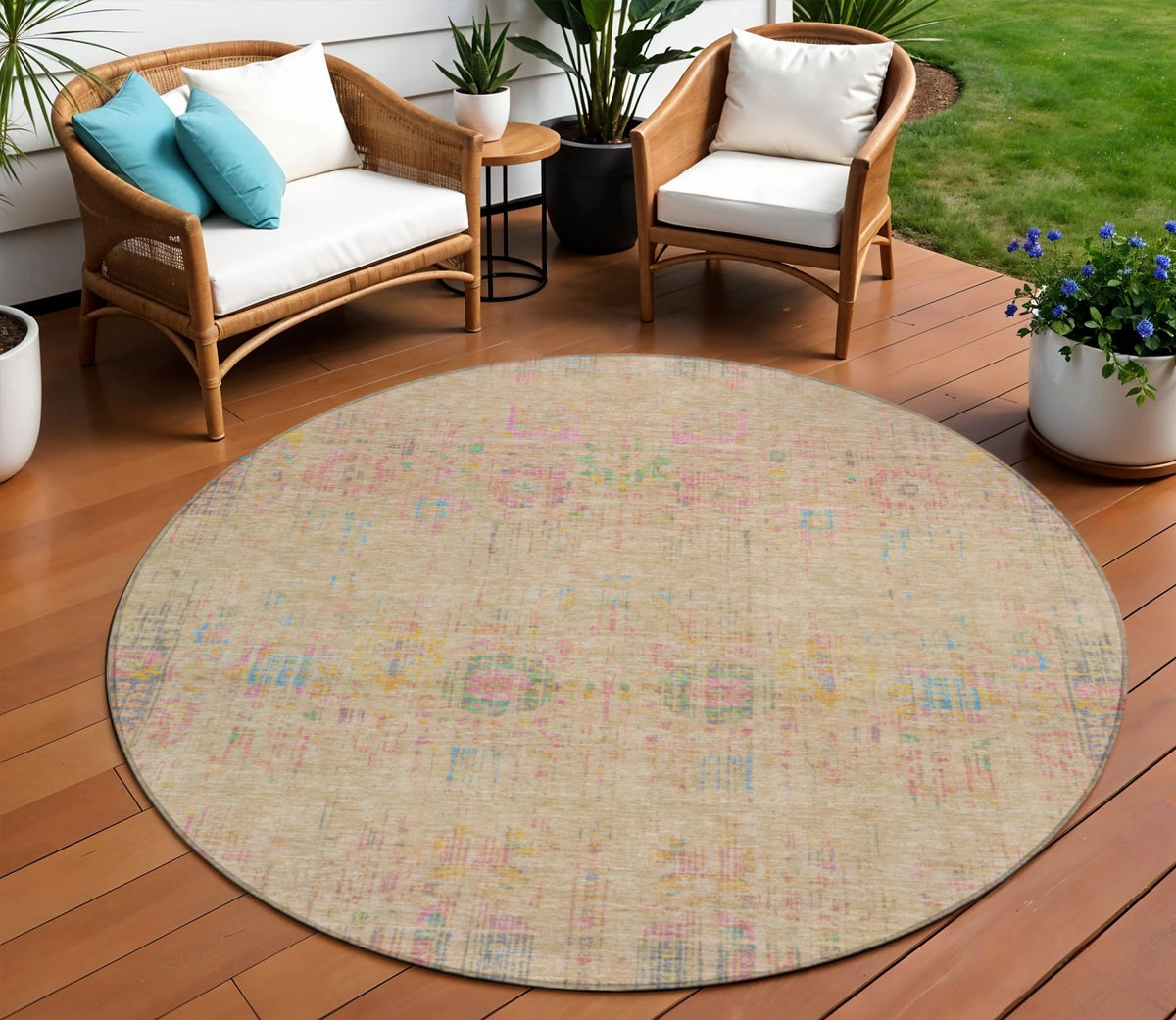 8 Tan Pink And Yellow Round Floral Medallion Washable Indoor Outdoor Area Rug