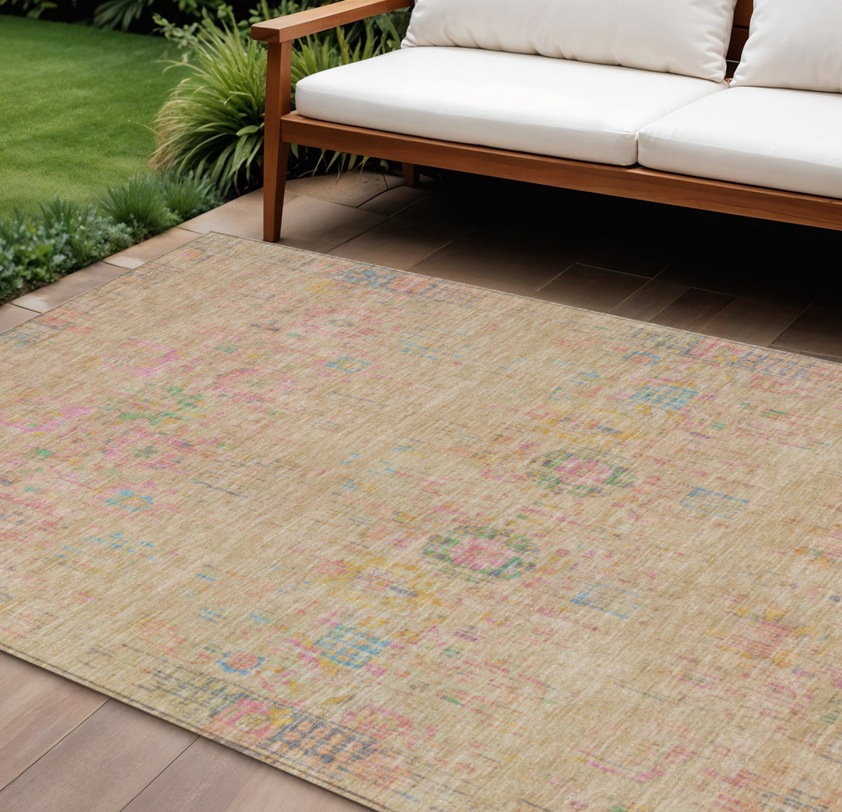8 X 10 Tan Pink And Yellow Floral Medallion Washable Indoor Outdoor Area Rug
