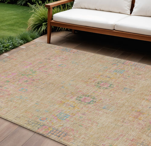 10 X 14 Tan Pink And Yellow Floral Medallion Washable Indoor Outdoor Area Rug