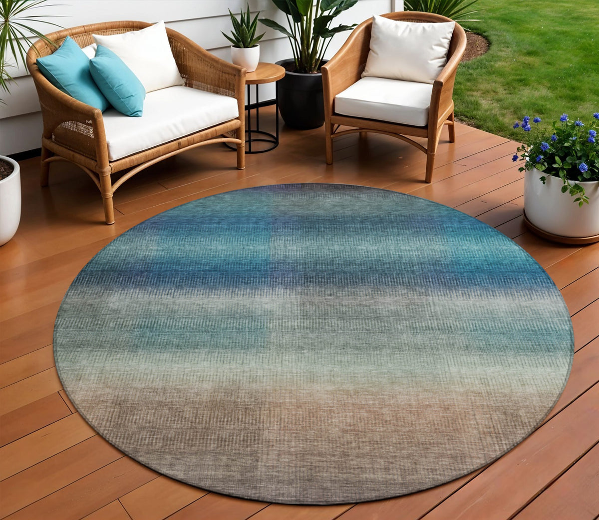 8 Blue And Copper Round Abstract Washable Indoor Outdoor Area Rug