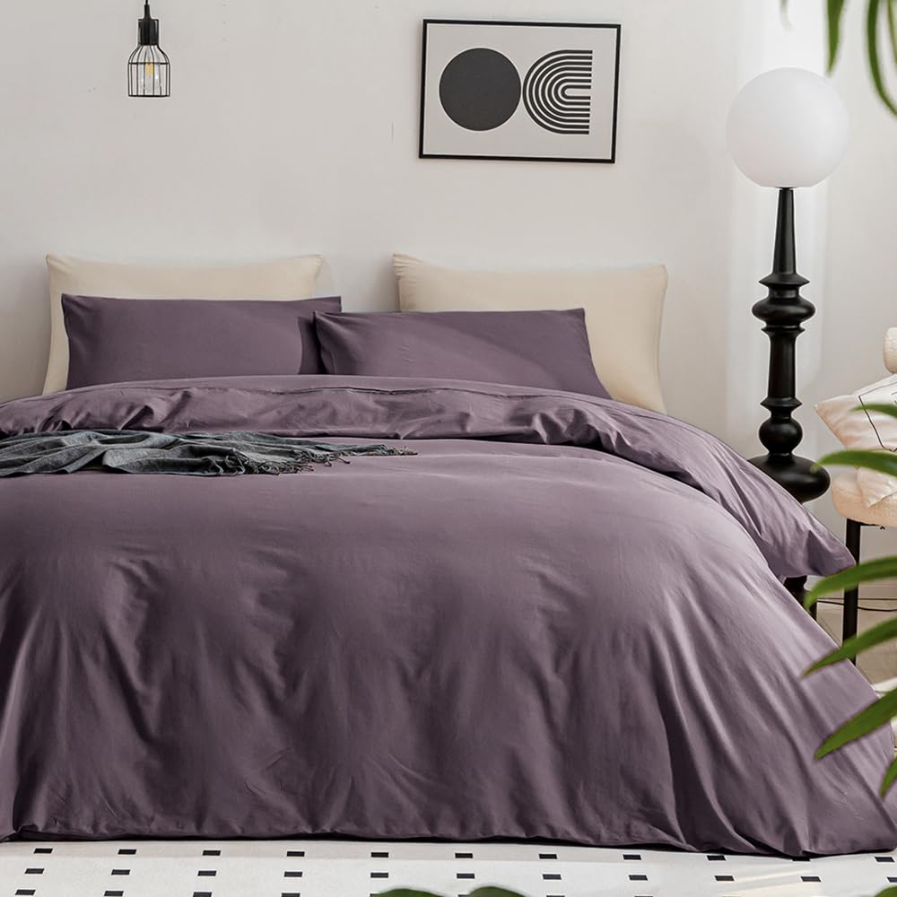 Jellymoni Purple Duvet Cover King Size - 100% Washed Cotton Linen Like Textured Comforter Cover, 3 Pieces Lightweight Soft Beddi