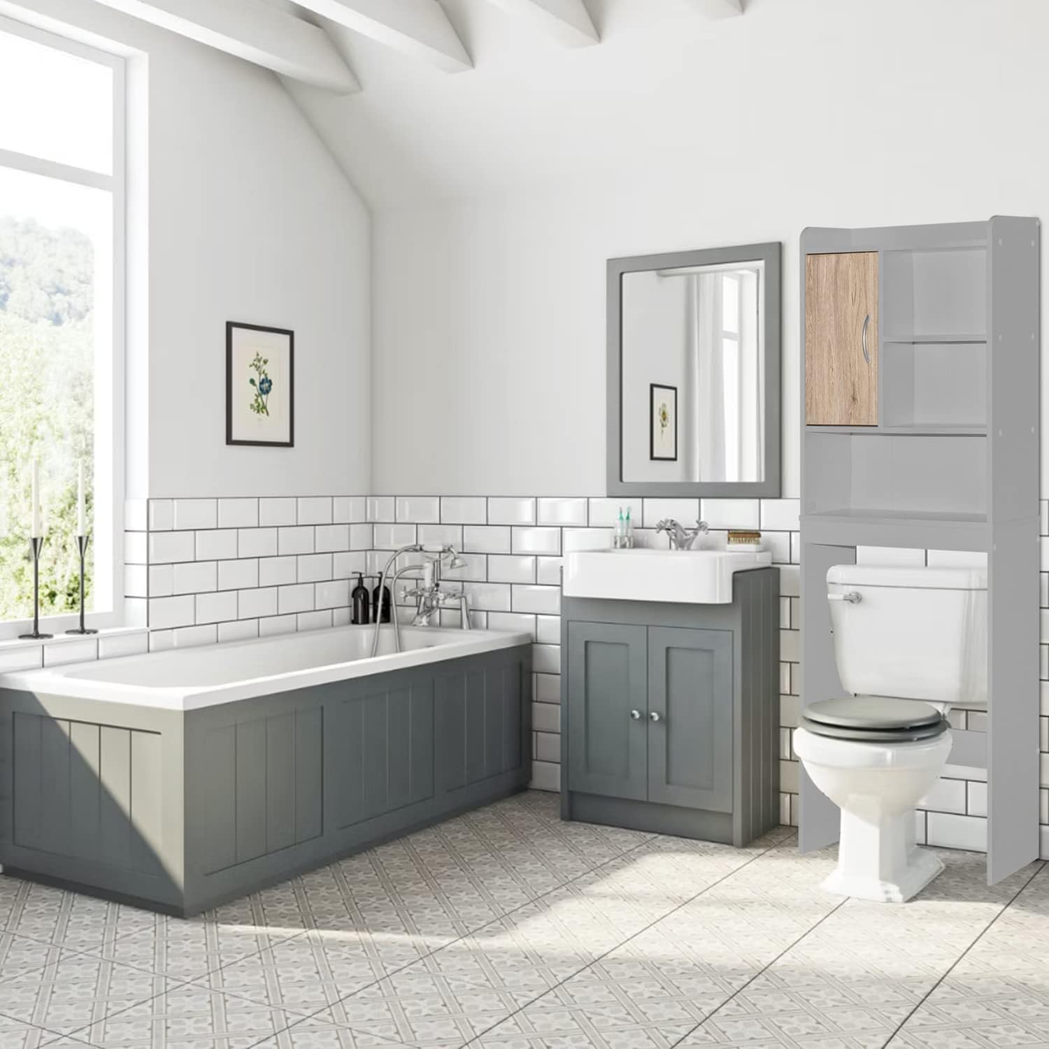 Woodpeckers Furniture And Mattress Ace Over The Toilet Storage Cabinet (Light Gray + Natural Oak)