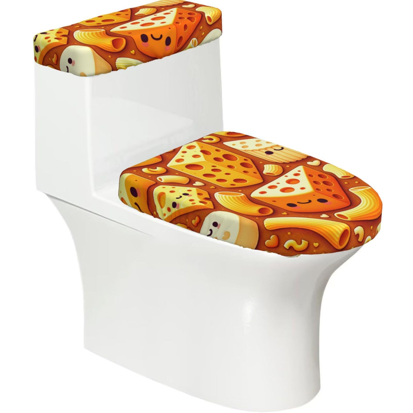 Cheese-Macaroni-Food Toilet Lid Cover And Tank Cover Set Of 2, Stretch Soft Reusable Bathroom Toilet Seat Covers