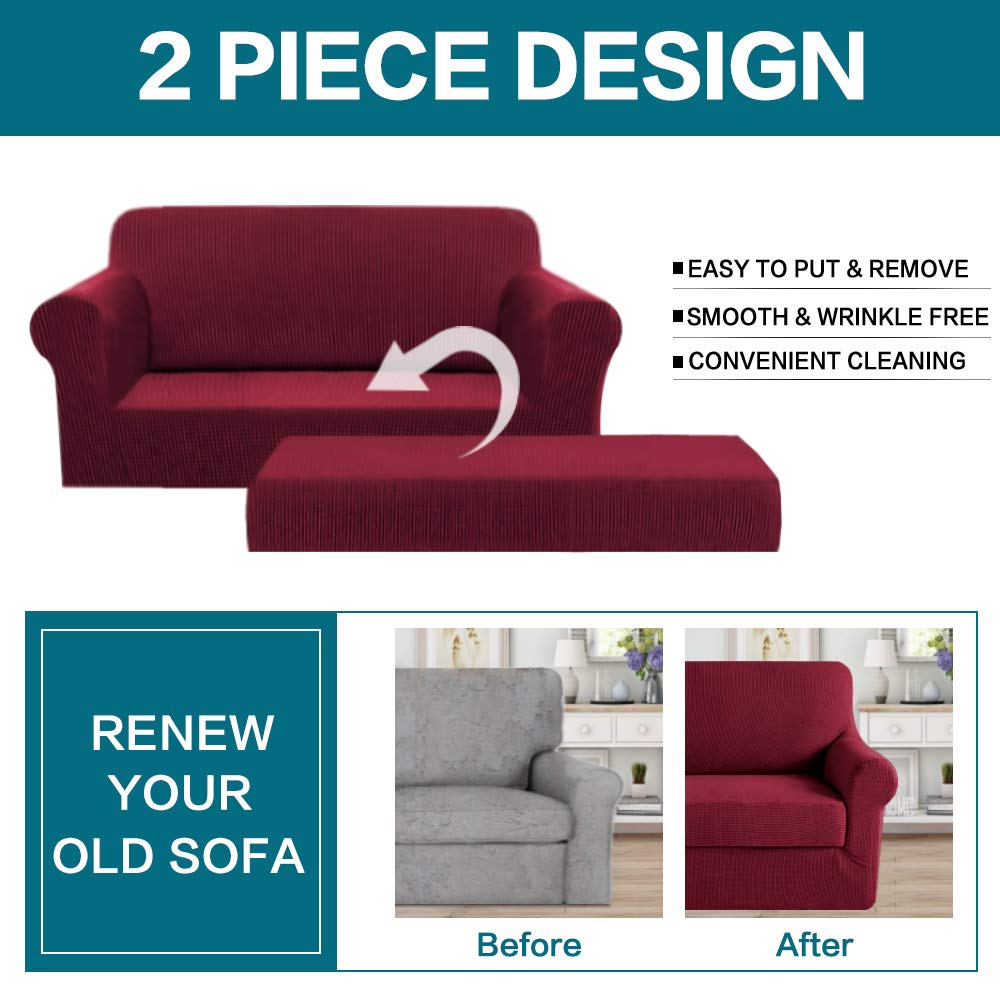 Turquoize Stretch Sofa Slipcover 2 Pieces Sofa Cover Couch Cover For 2 Cushion Couch Washable Furniture Protector Covers With Elastic Bottom Feature Thick Jacquard Fabric (Loveseat, Burgundy)