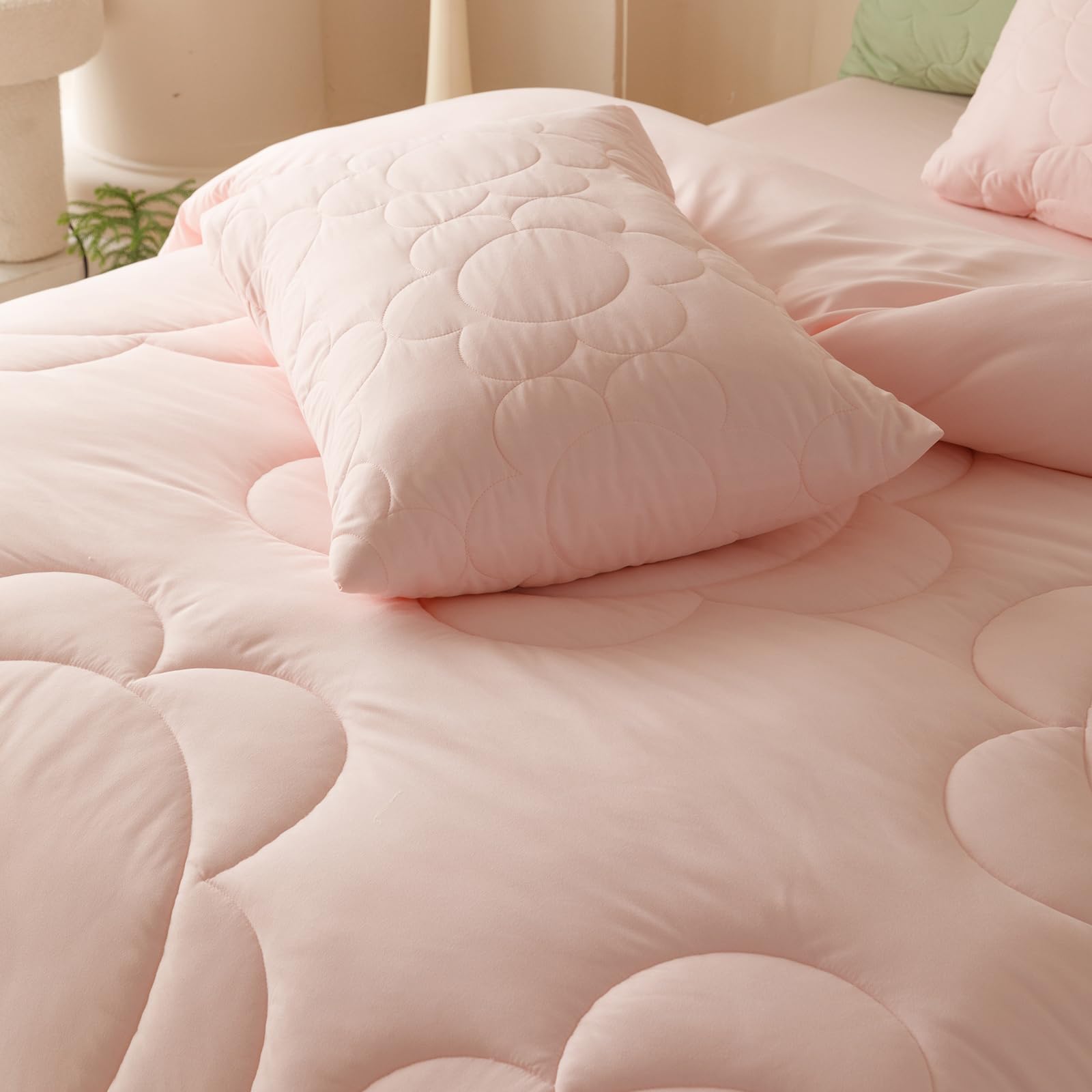 Luxlovery Pink Sunflower Comforter Set Queen Light Pink Quilted Boho Farmhouse Blush Pink Bedding Comforter Set Baby Pink Plain