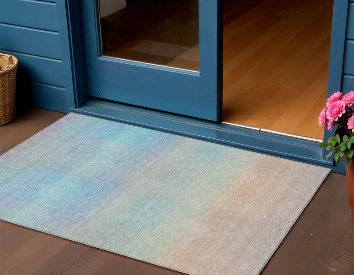 3 X 5 Sky Blue And Peach Abstract Washable Indoor Outdoor Area Rug