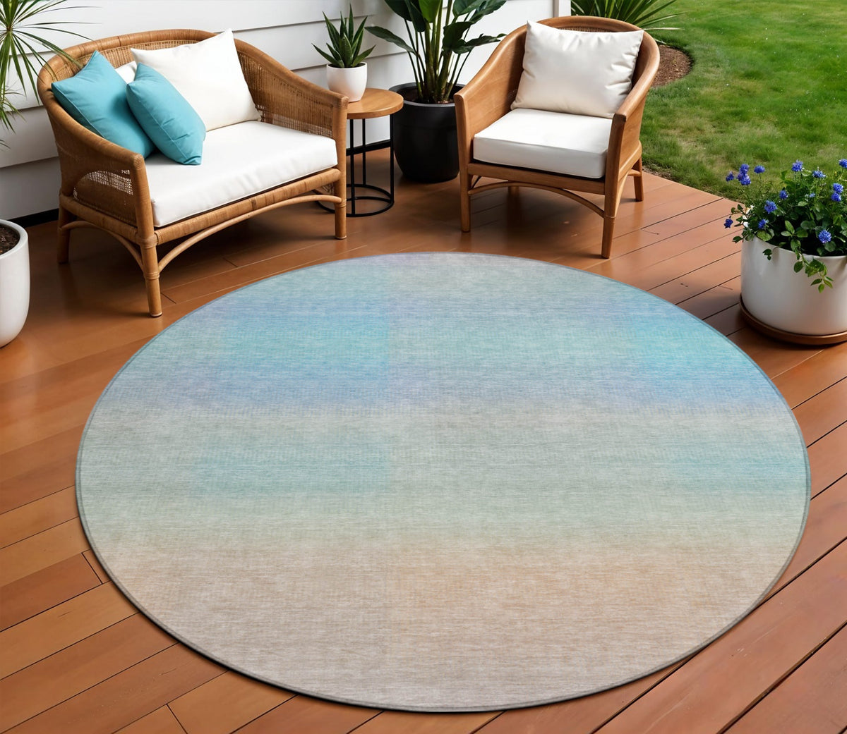 8 Sky Blue And Peach Round Abstract Washable Indoor Outdoor Area Rug
