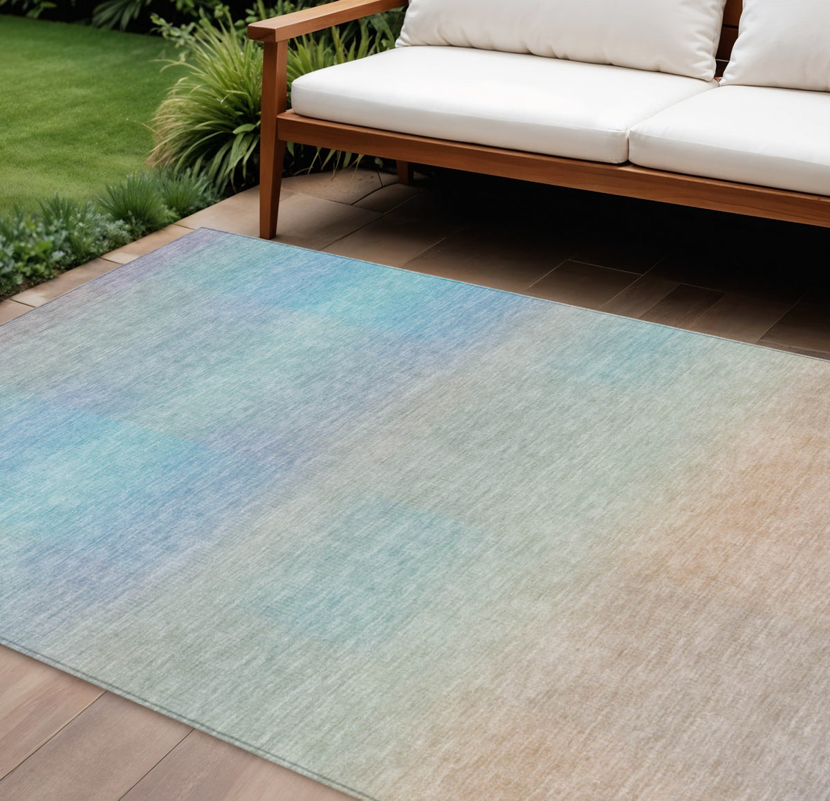 8 X 10 Sky Blue And Peach Abstract Washable Indoor Outdoor Area Rug