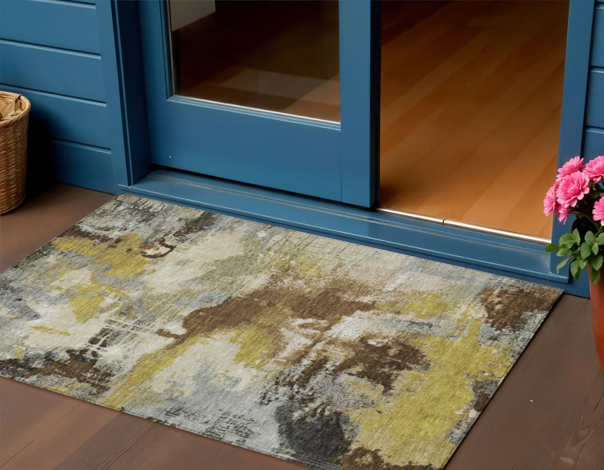 3 X 5 Brown Gray And Taupe Abstract Washable Indoor Outdoor Area Rug