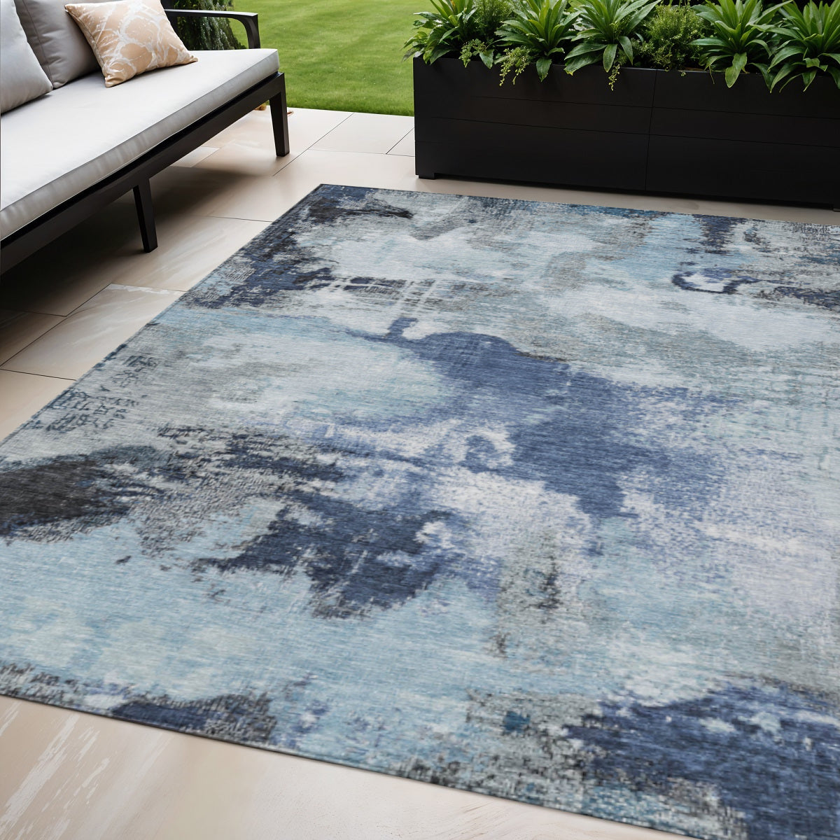 5 X 8 Blue Ivory And Gray Abstract Washable Indoor Outdoor Area Rug