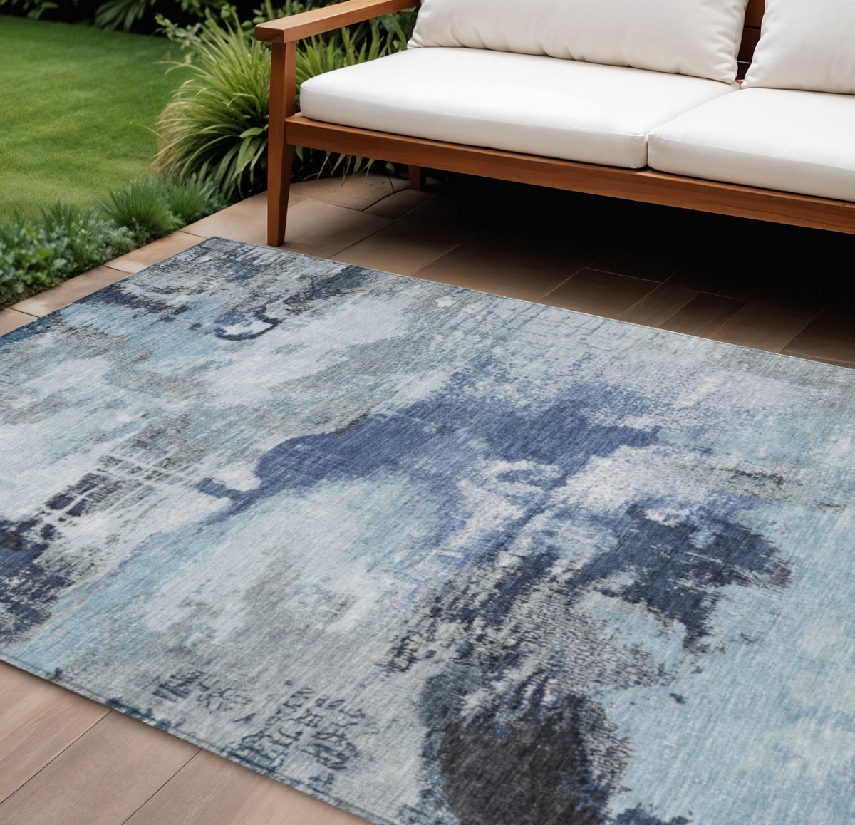 9 X 12 Blue Ivory And Gray Abstract Washable Indoor Outdoor Area Rug