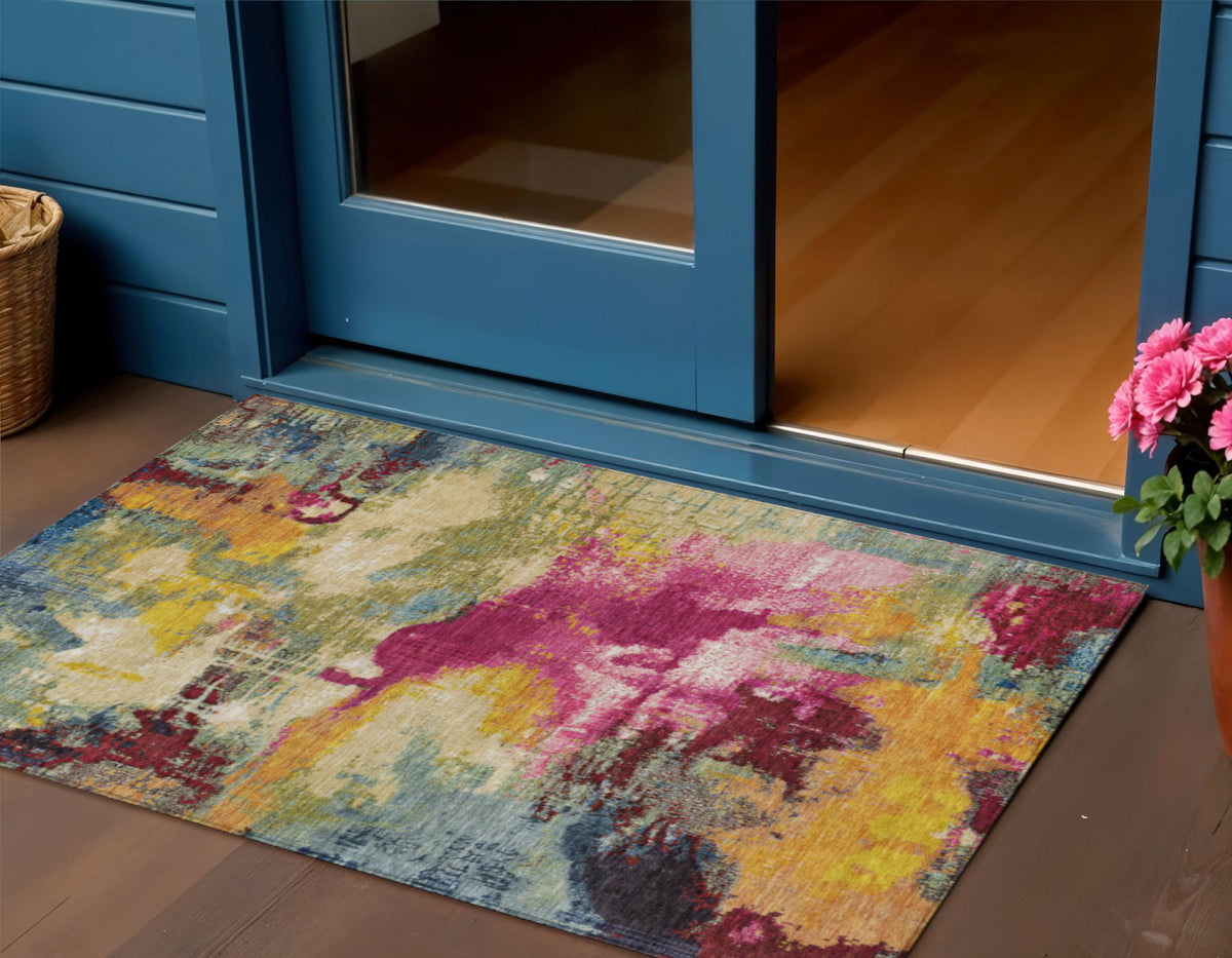 3 X 5 Ruby Red Pink And Yellow Abstract Washable Indoor Outdoor Area Rug