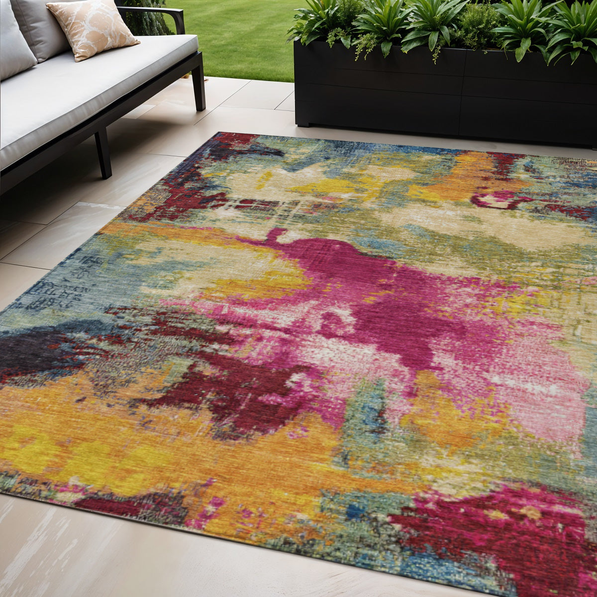 5 X 8 Ruby Red Pink And Yellow Abstract Washable Indoor Outdoor Area Rug
