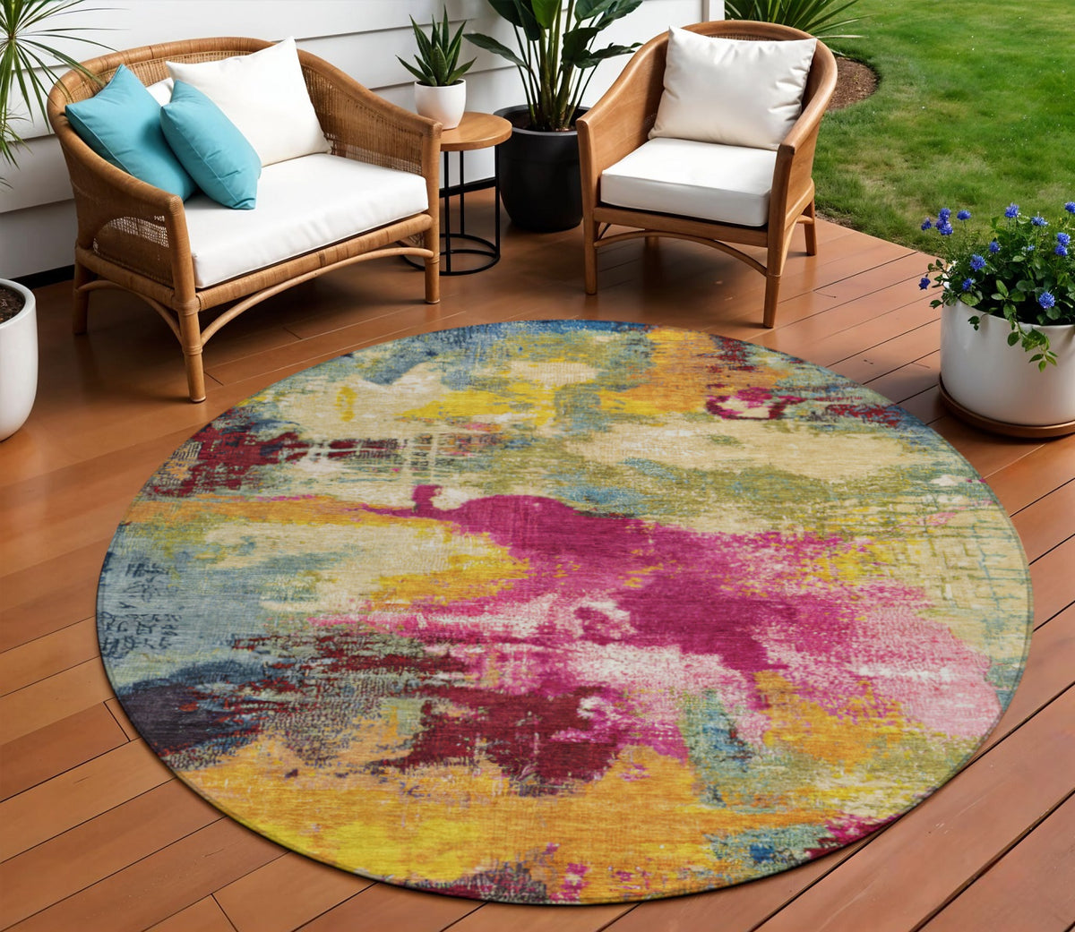 8 Ruby Red Pink And Yellow Round Abstract Washable Indoor Outdoor Area Rug