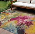 8 X 10 Ruby Red Pink And Yellow Abstract Washable Indoor Outdoor Area Rug