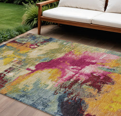 9 X 12 Ruby Red Pink And Yellow Abstract Washable Indoor Outdoor Area Rug
