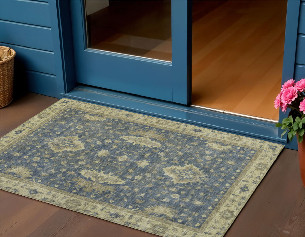 3 X 5 Blue And Green Floral Washable Indoor Outdoor Area Rug