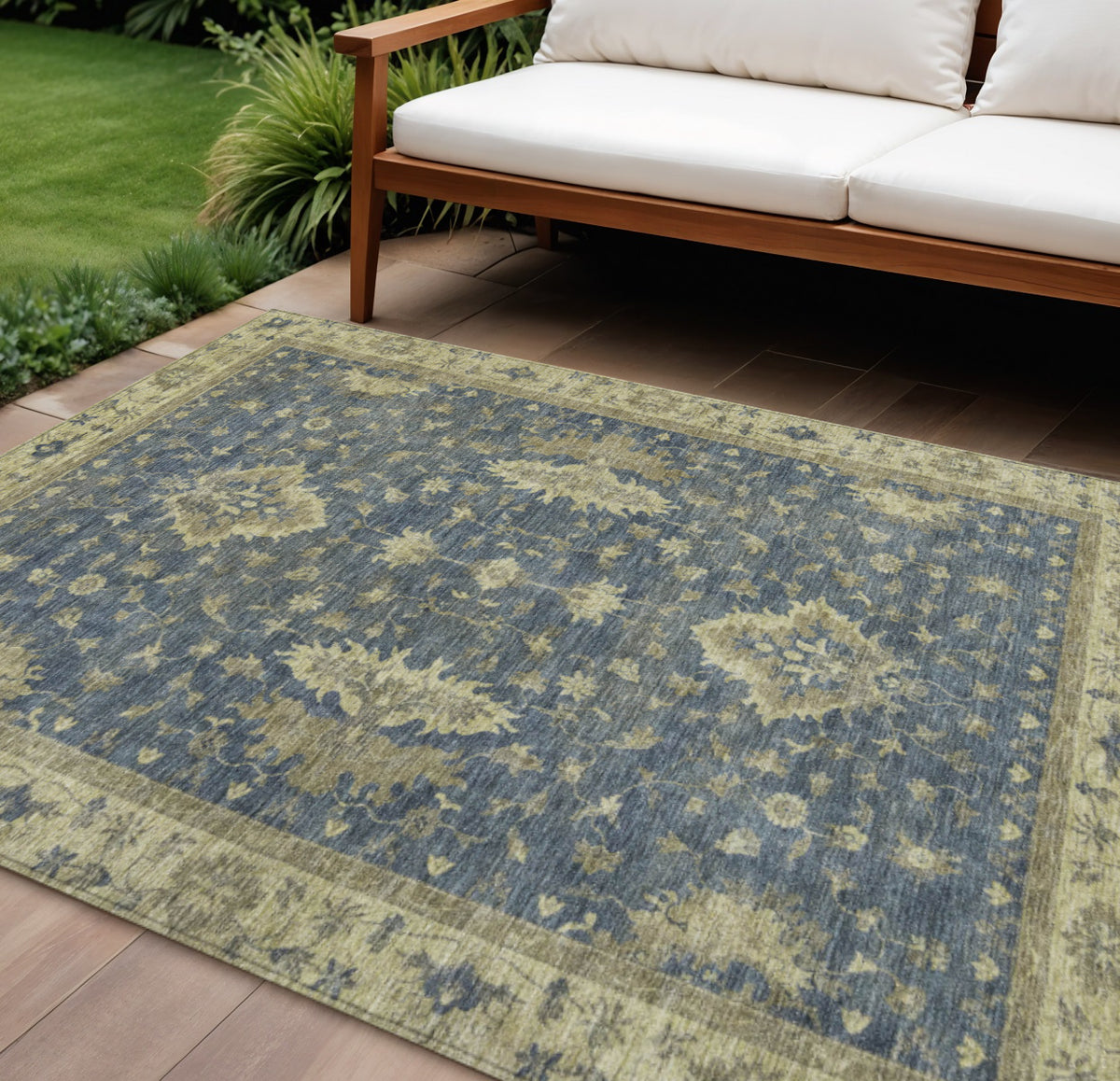 10 X 14 Blue And Green Floral Washable Indoor Outdoor Area Rug