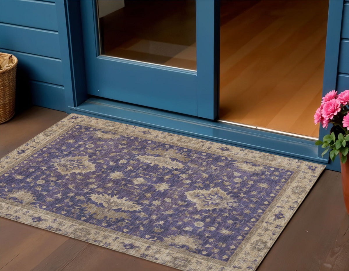 3 X 5 Purple And Beige Floral Washable Indoor Outdoor Area Rug
