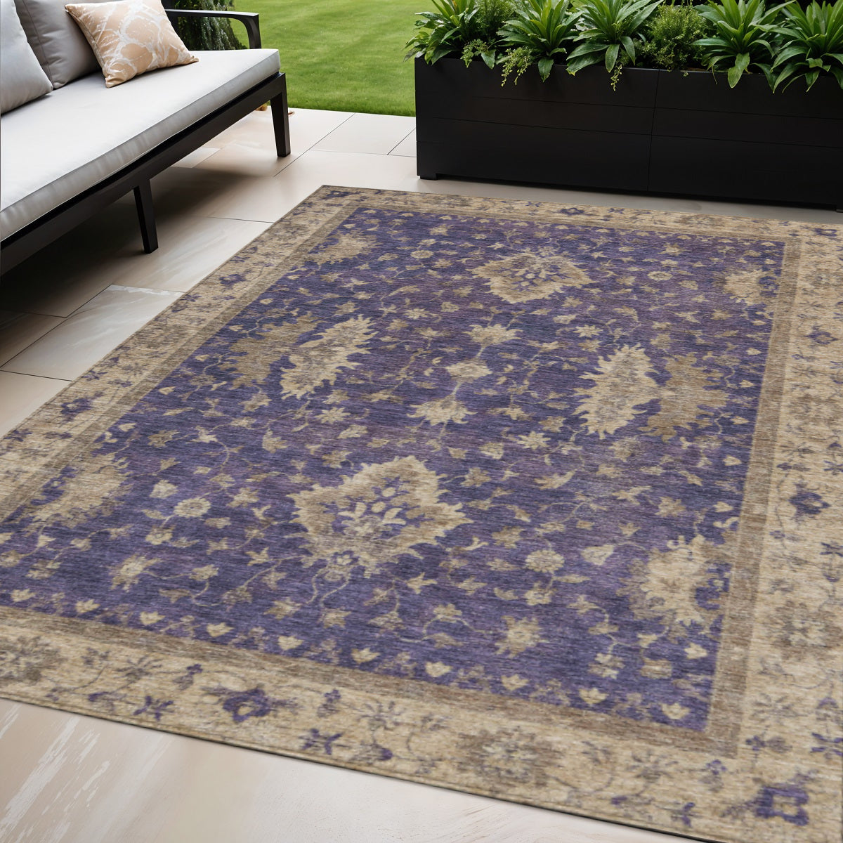 5 X 8 Purple And Beige Floral Washable Indoor Outdoor Area Rug