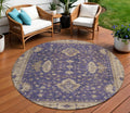 8 Purple And Beige Round Floral Washable Indoor Outdoor Area Rug