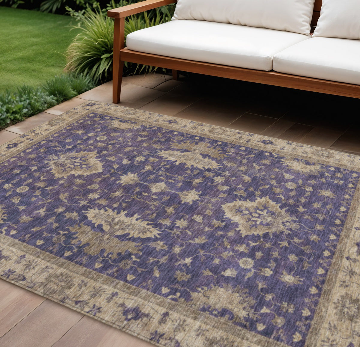 10 X 14 Purple And Beige Floral Washable Indoor Outdoor Area Rug