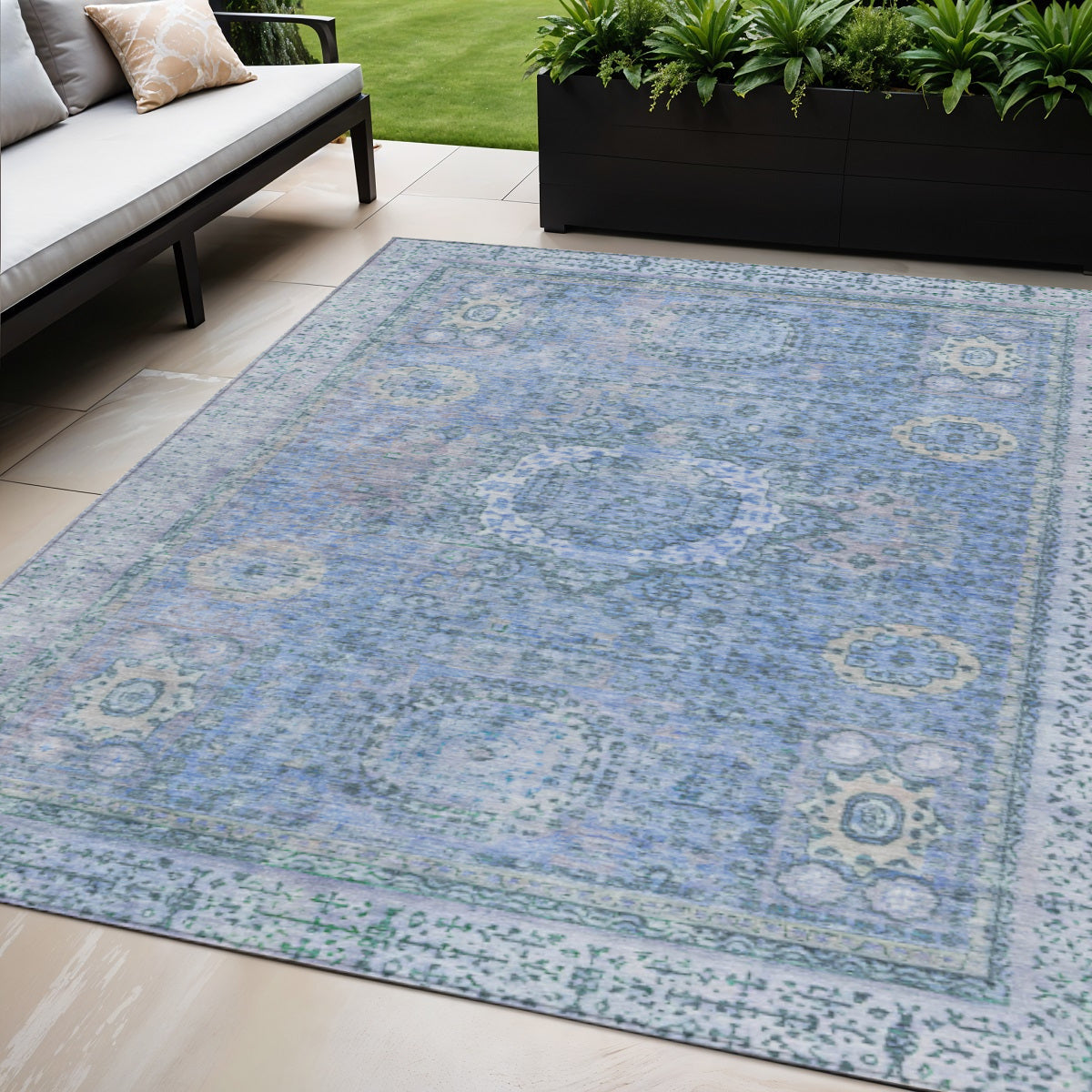 5 X 8 Blue And Ivory Floral Medallion Washable Indoor Outdoor Area Rug