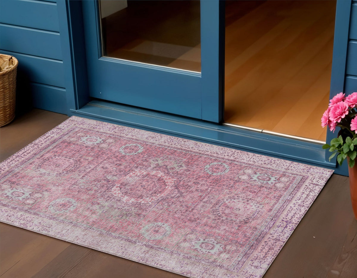 3 X 5 Pink And Blush Floral Medallion Washable Indoor Outdoor Area Rug