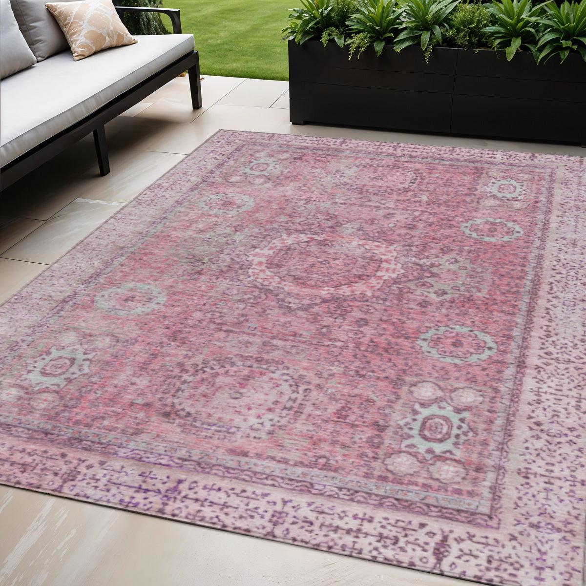 5 X 8 Pink And Blush Floral Medallion Washable Indoor Outdoor Area Rug