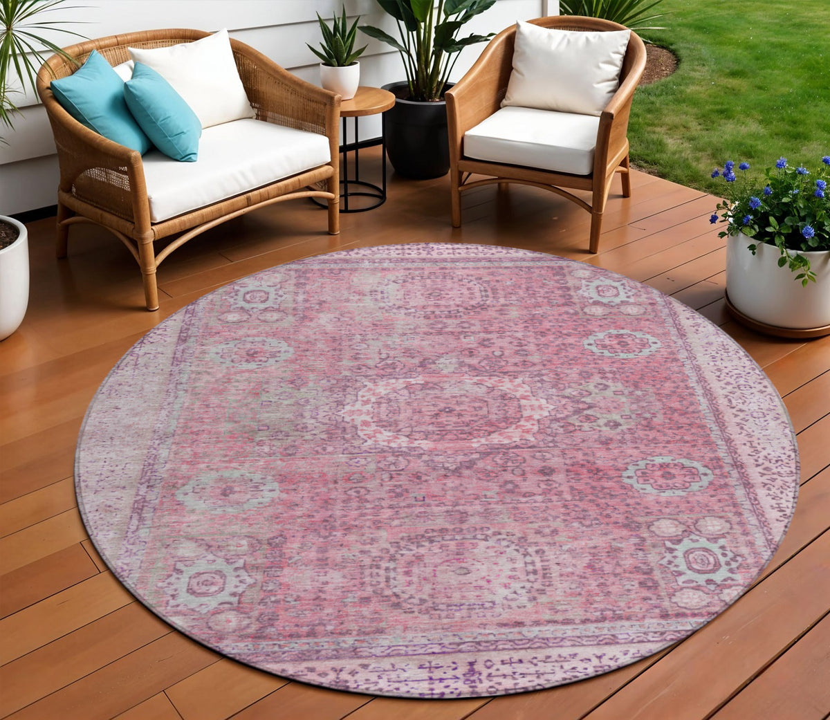 8 Pink And Blush Round Floral Medallion Washable Indoor Outdoor Area Rug
