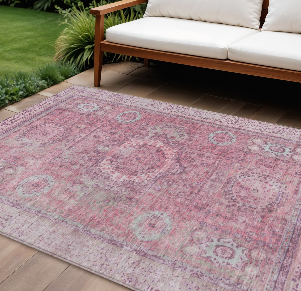9 X 12 Pink And Blush Floral Medallion Washable Indoor Outdoor Area Rug