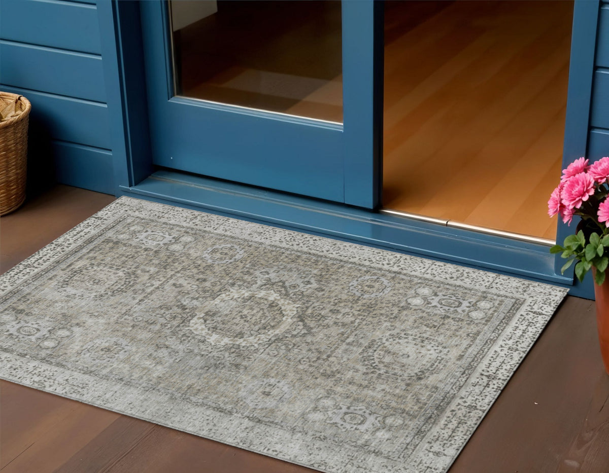3 X 5 Pewter And Silver Floral Medallion Washable Indoor Outdoor Area Rug
