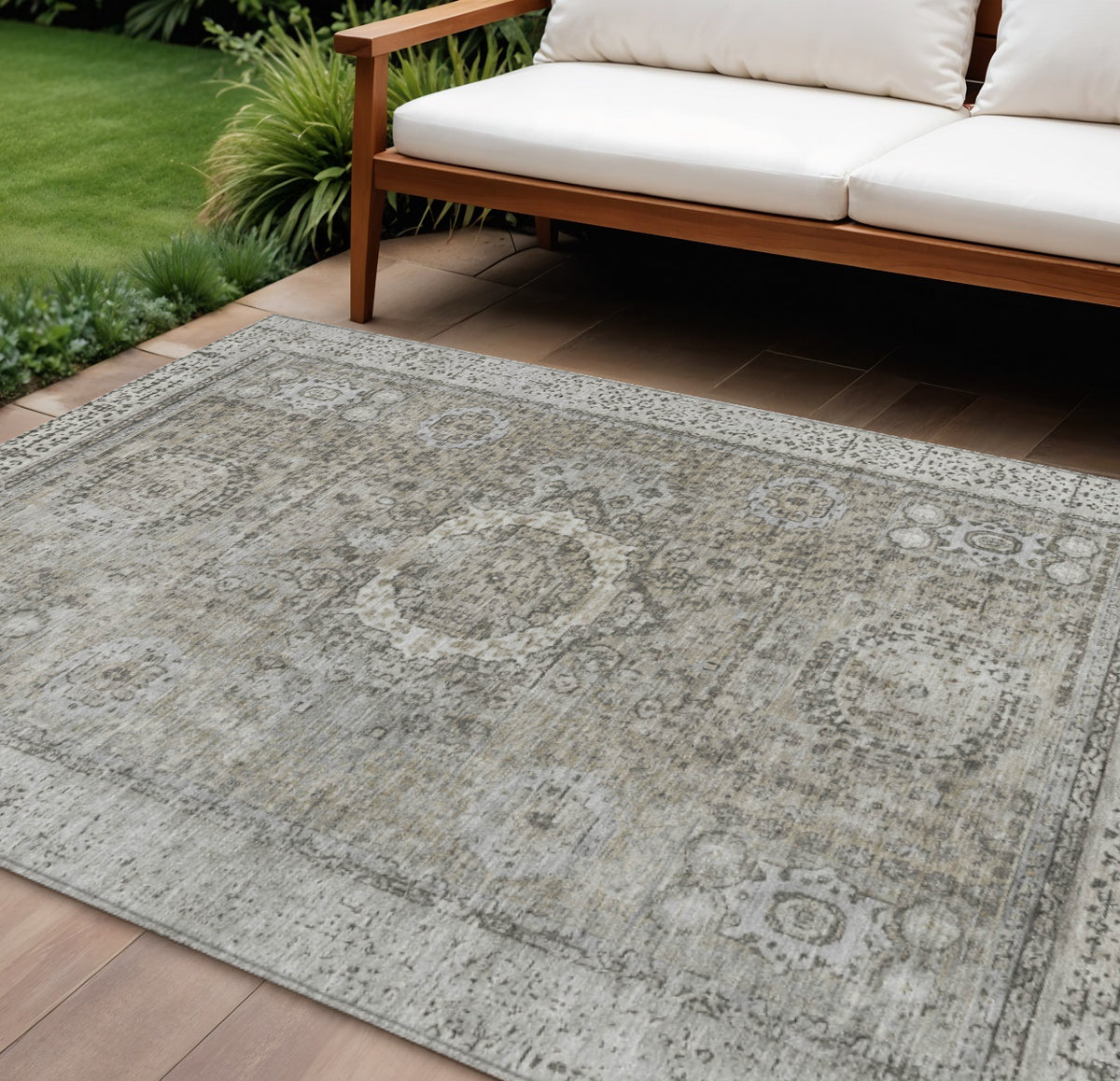 8 X 10 Pewter And Silver Floral Medallion Washable Indoor Outdoor Area Rug