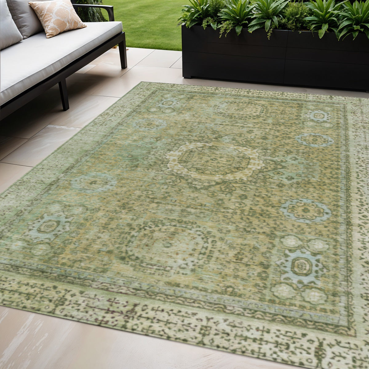 5 X 8 Sage And Fern Green Floral Medallion Washable Indoor Outdoor Area Rug