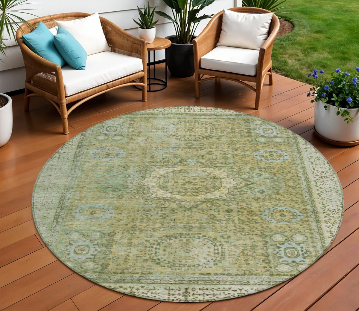 8 Sage And Fern Green Round Floral Medallion Washable Indoor Outdoor Area Rug