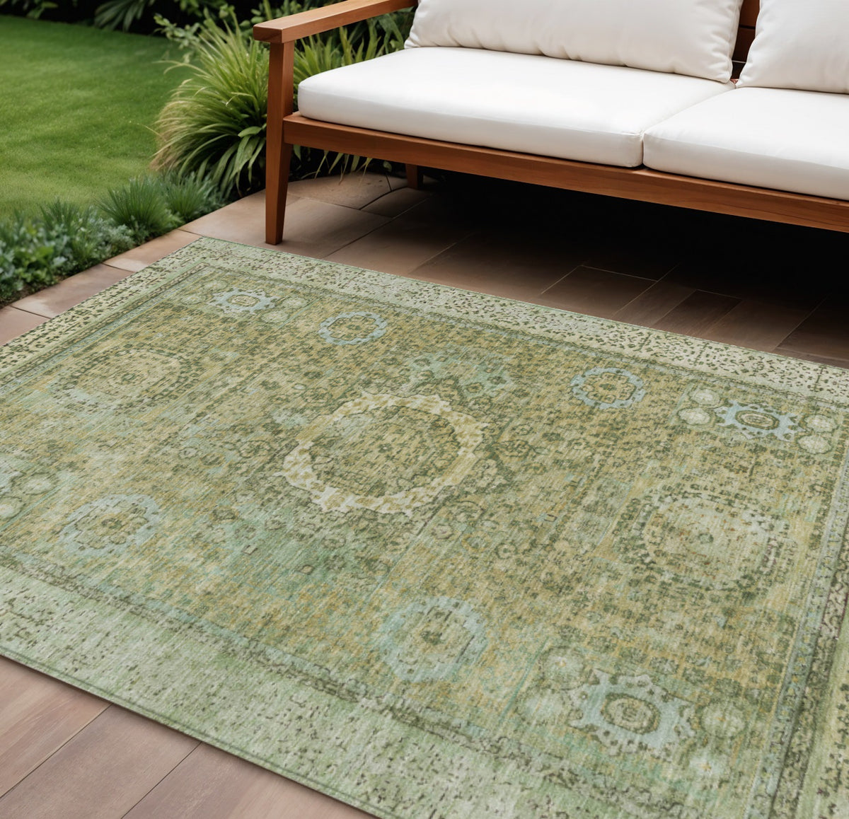 9 X 12 Sage And Fern Green Floral Medallion Washable Indoor Outdoor Area Rug